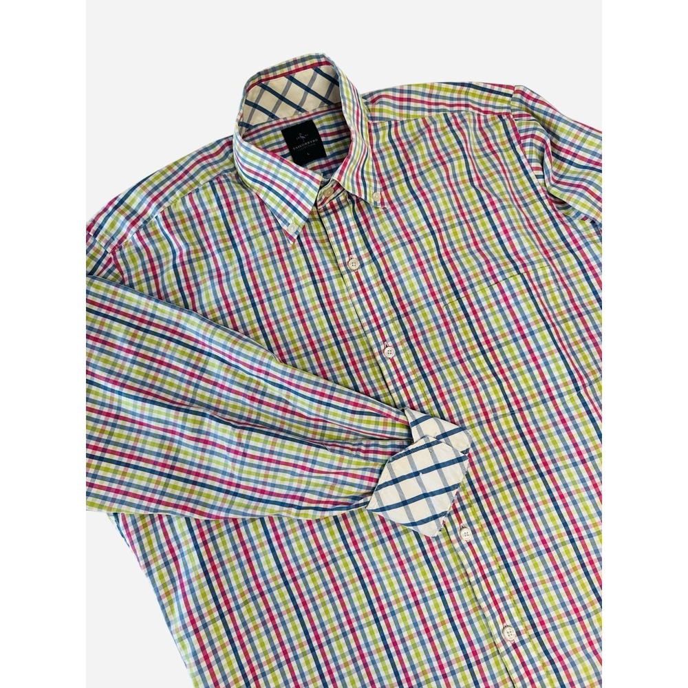 Tailorbyrd Pink Blue Plaid Button Down Woven Shirt Contrast Cuff Men’s Large